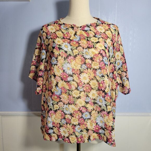 Unbranded 2X Gold Pink Blue Floral Rayon Chiffon Shortsleeve Lightweight Blouse - Picture 1 of 9